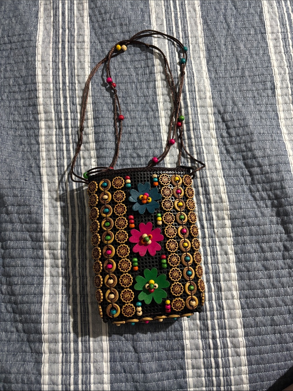 Handcrafted Floral Beaded Crossbody Phone Bag - Black with Multicolor Flowers